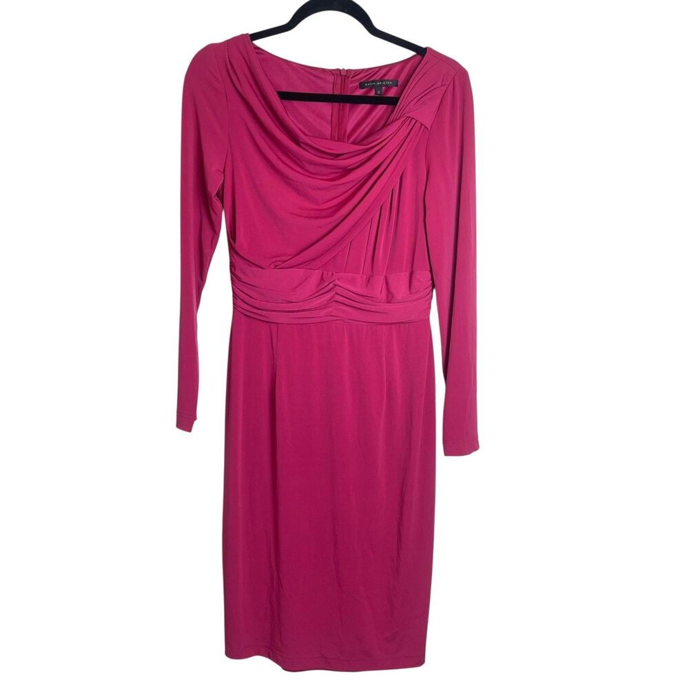 David Meister Dress Womens 6 Long Sleeve Draped Cocktail Party Ruched Elegant